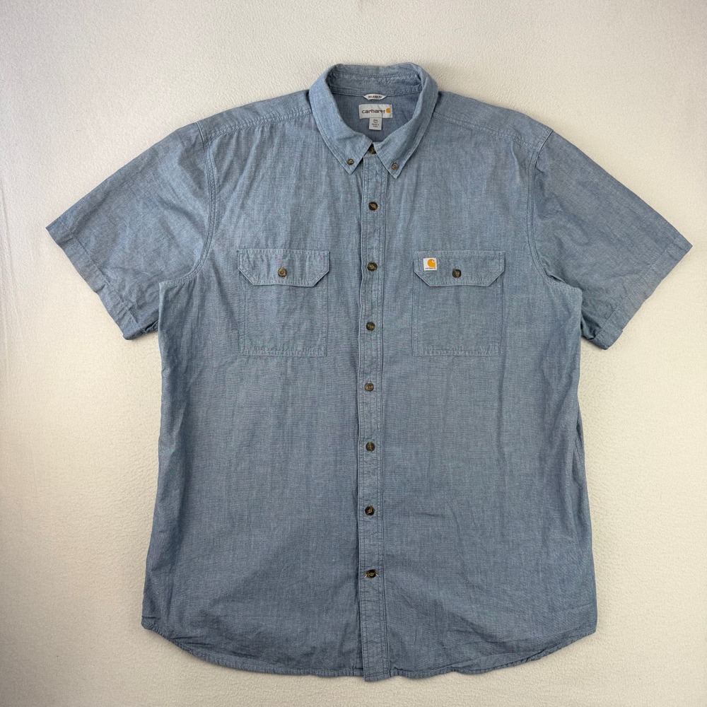 Carhartt Work Shirt Mens 2XL Tall Blue Chambray Short Sleeve Denim Button Down